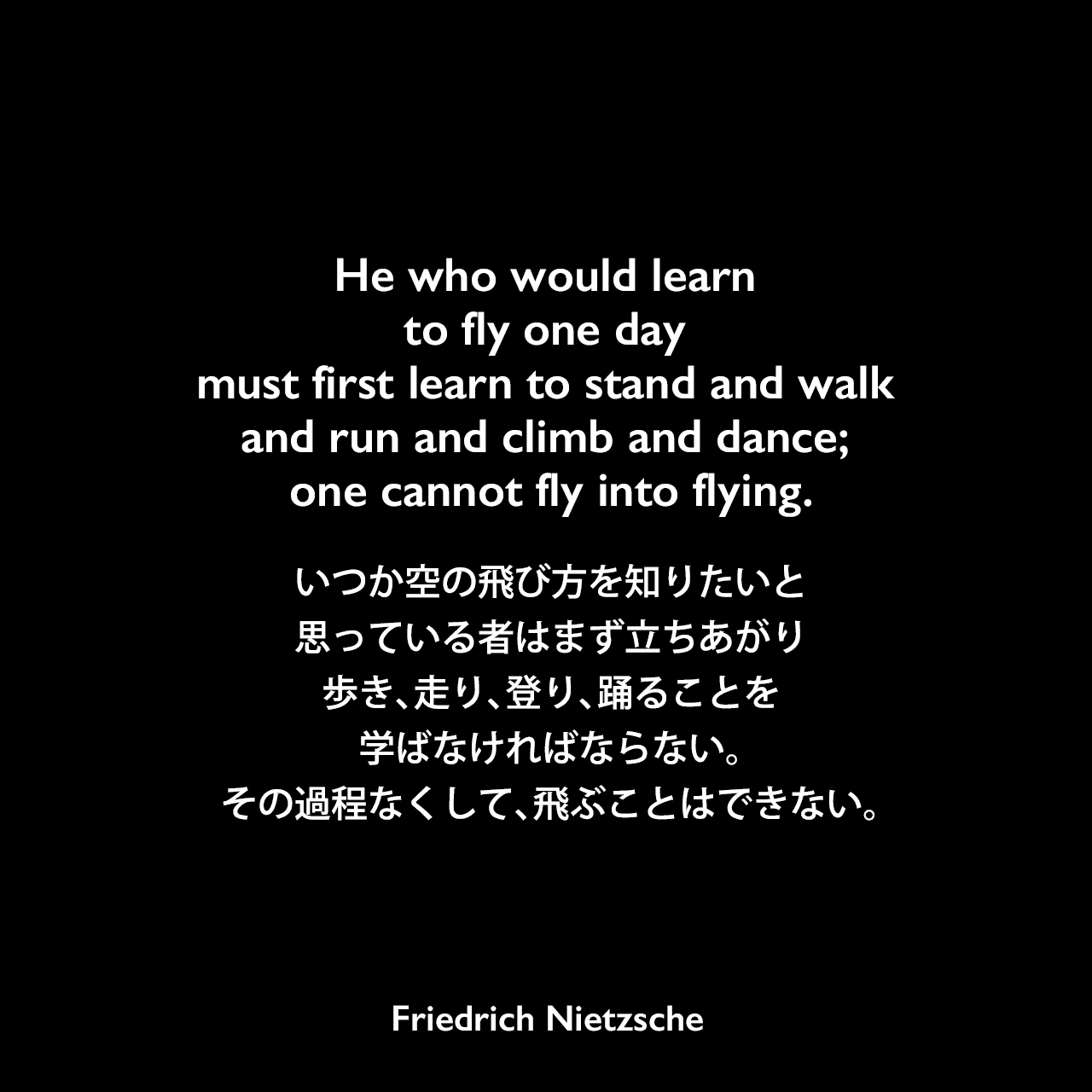 He who would learn to fly one day must first learn to stand and walk and run and climb and dance; one cannot fly into flying.いつか空の飛び方を知りたいと思っている者は、まず立ちあがり、歩き、走り、登り、踊ることを学ばなければならない。その過程なくして、飛ぶことはできない。Friedrich Nietzsche
