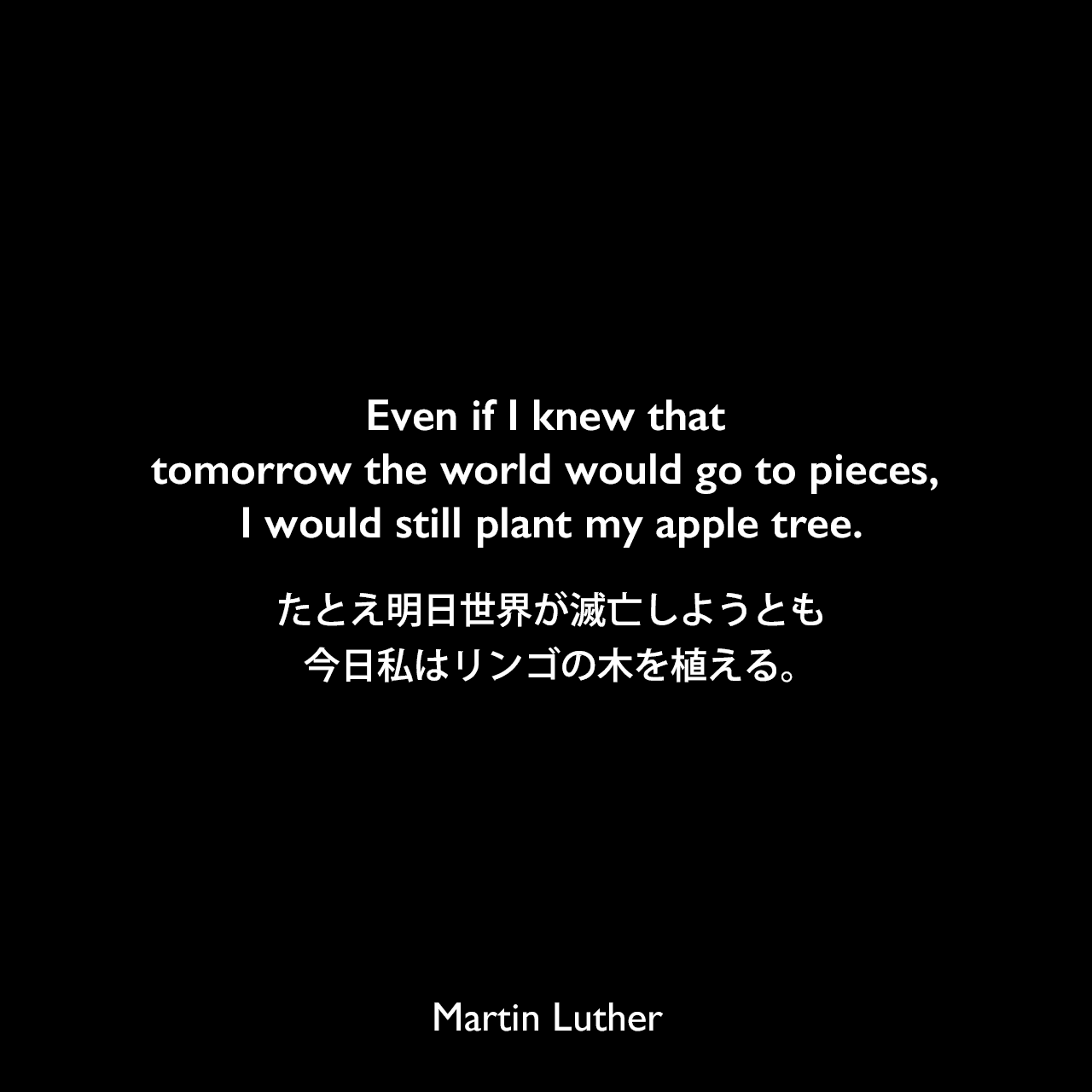 Even if I knew that tomorrow the world would go to pieces, I would still plant my apple tree.たとえ明日世界が滅亡しようとも、今日私はリンゴの木を植える。Martin Luther