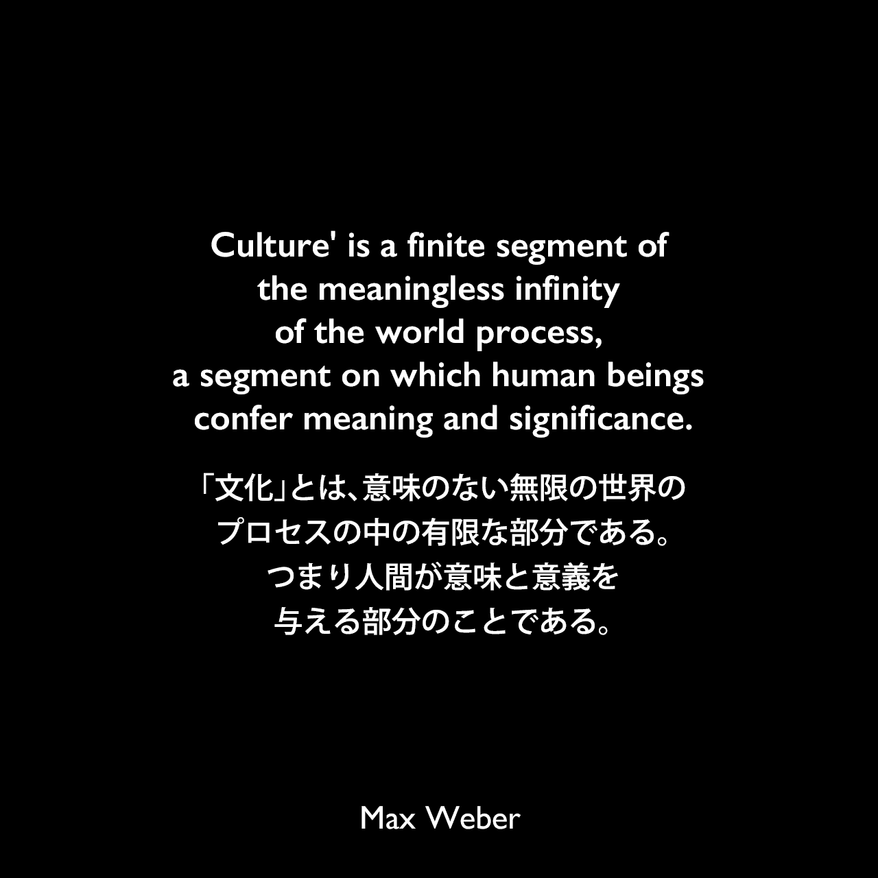 Culture' is a finite segment of the meaningless infinity of the world process, a segment on which human beings confer meaning and significance.「文化」とは、意味のない無限の世界のプロセスの中の有限な部分である。つまり人間が意味と意義を与える部分のことである。Max Weber
