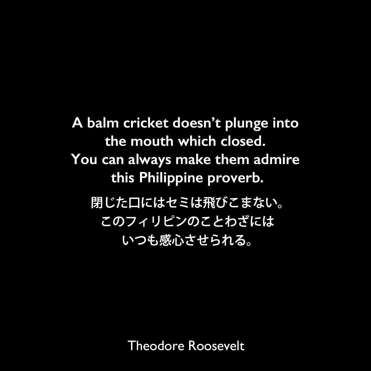 A balm cricket doesn’t plunge into the mouth which closed. You can always make them admire this Philippine proverb.閉じた口にはセミは飛びこまない。このフィリピンのことわざには、いつも感心させられる。Theodore Roosevelt